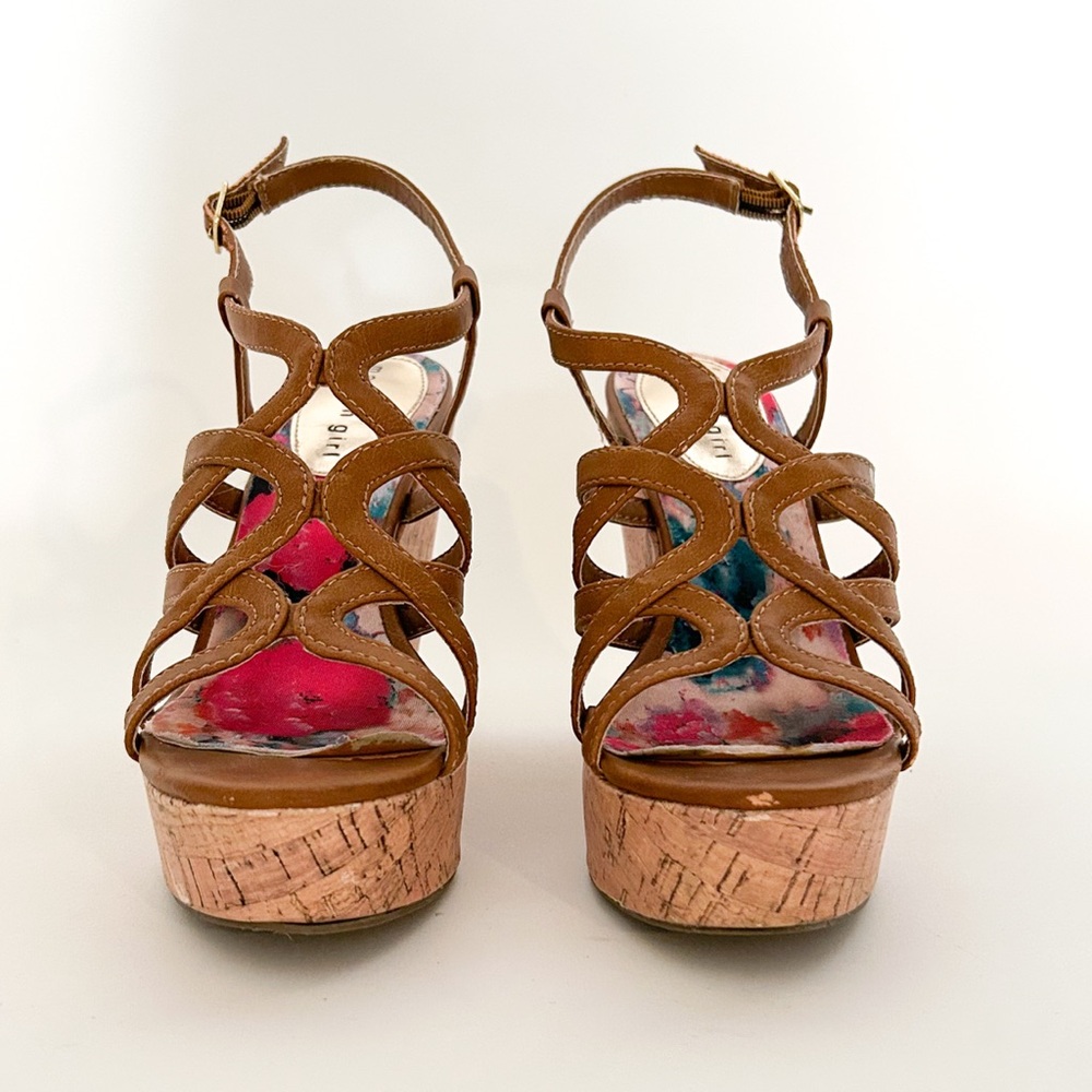 Madden Girl Strappy Brown Faux Leather Cork Platform Wedge Heels Elmaa Cognac - Picture 5 of 9